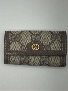 Gucci Beige and Brown GG Canvas Key Wallet with Gold Logo